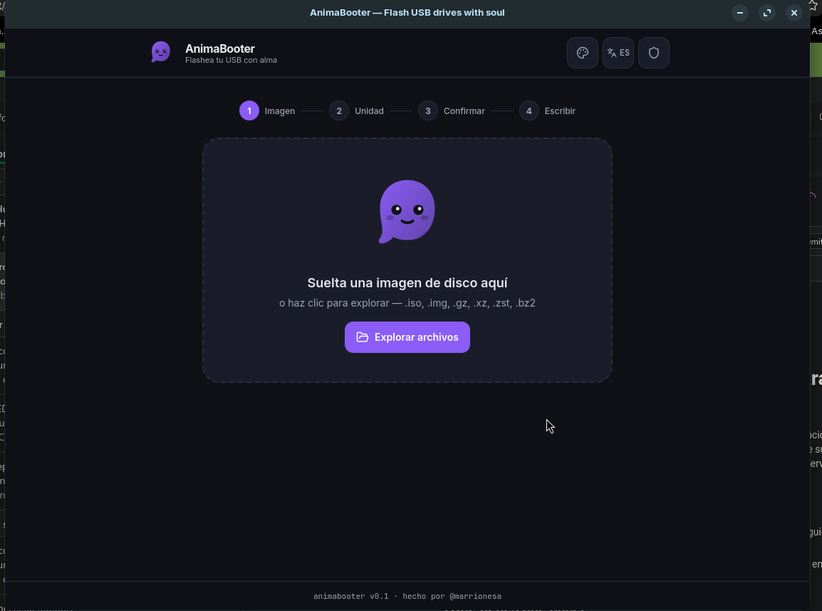 Step 1 — drop a disk image on the mascot