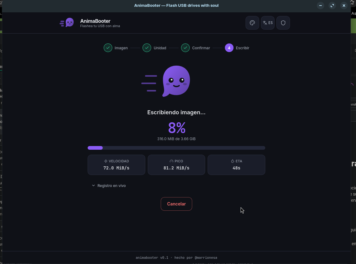 Step 4 — writing with speed, peak and ETA